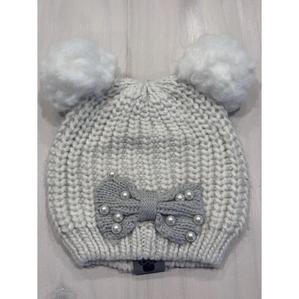 Disney Parks Adult Cream Knit Beanie Hat‎ Faux Fur Pom Poms Bow One Size